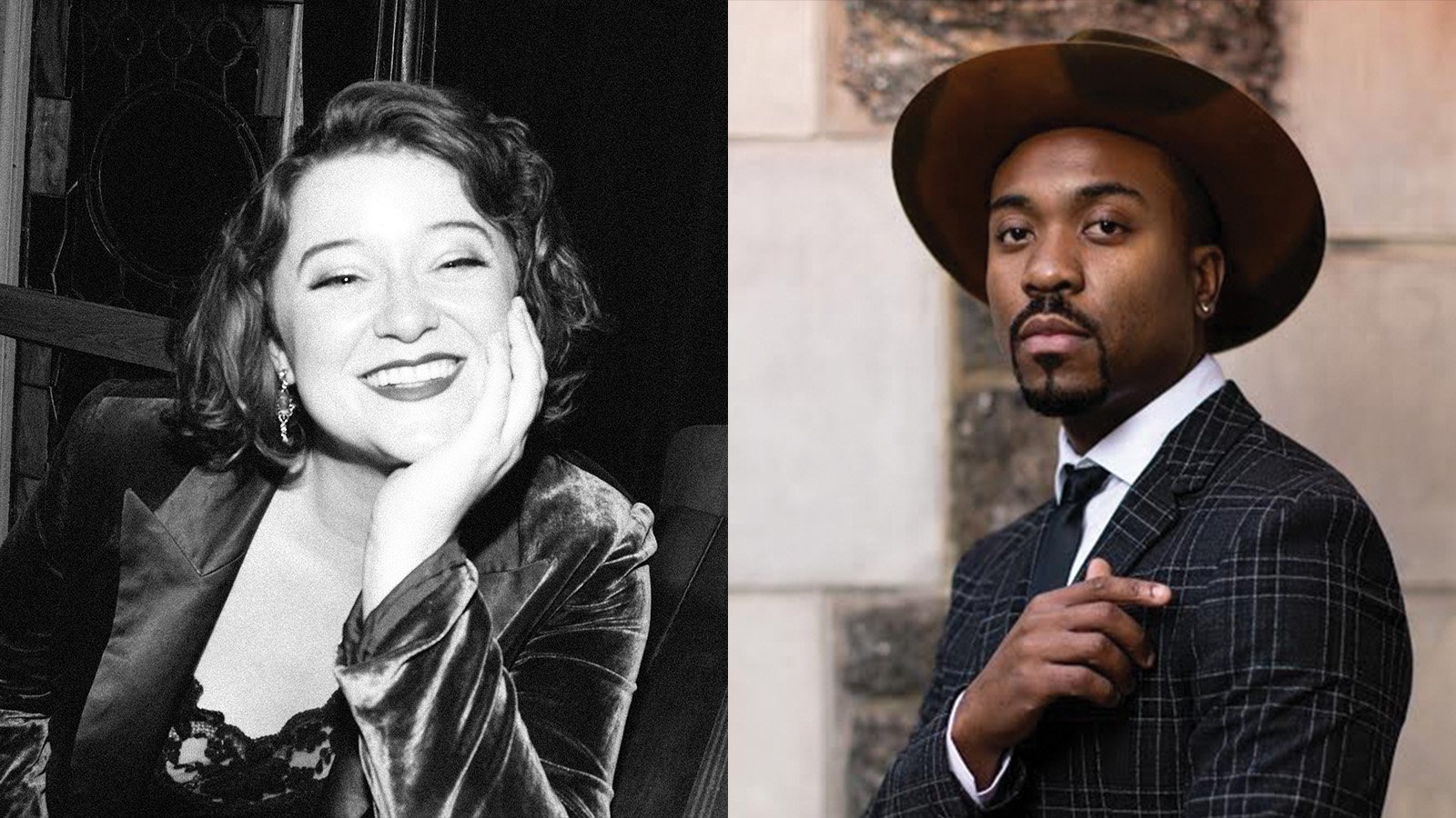 Hannah Gill smiles at the camera. Charles Turner poses in a patterned suit and brown hat.