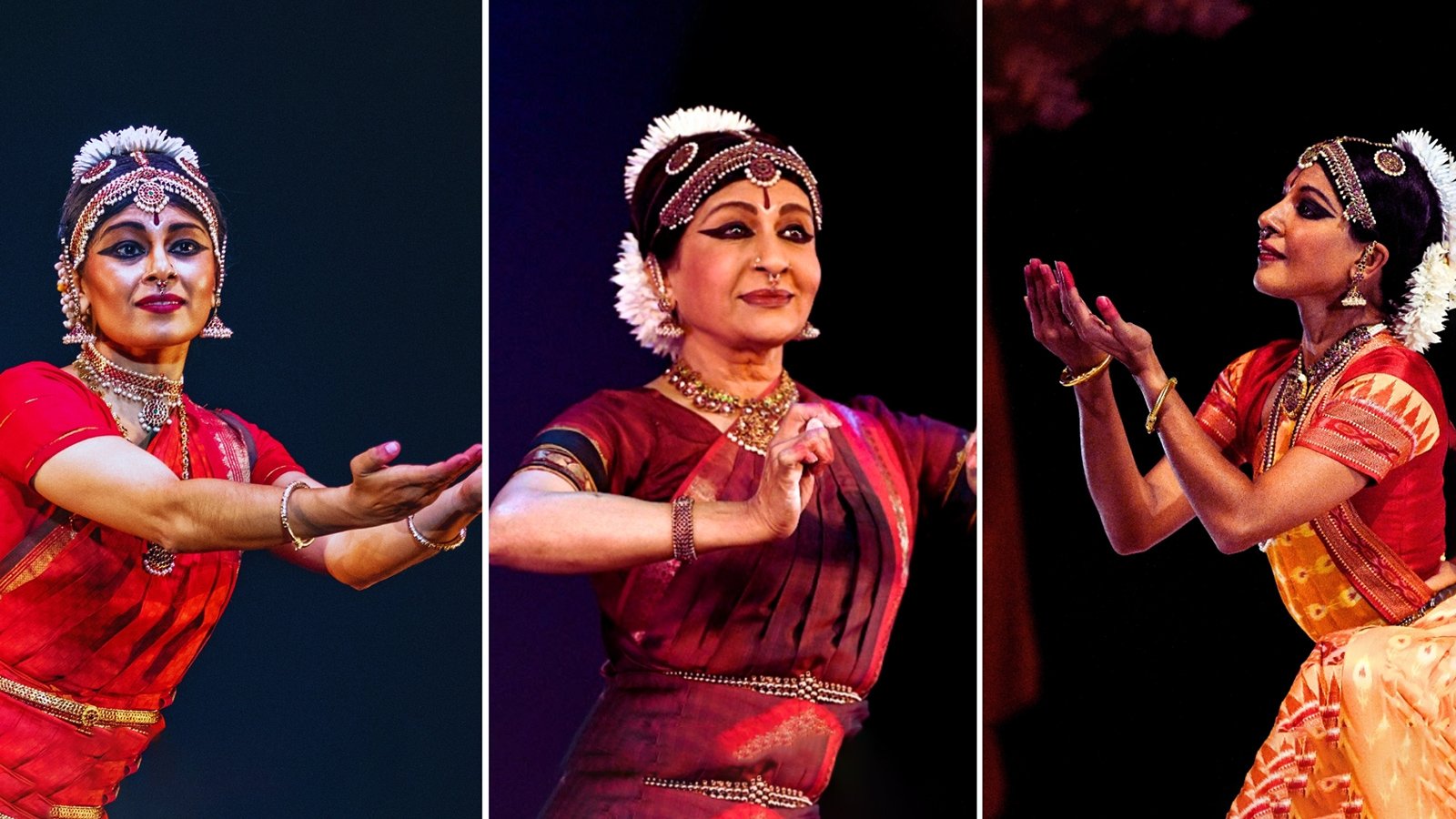 A triptic of Ranee, Aparna and Ashwini Ramaswamy performing in bright red costumes and black beaded headdresses.