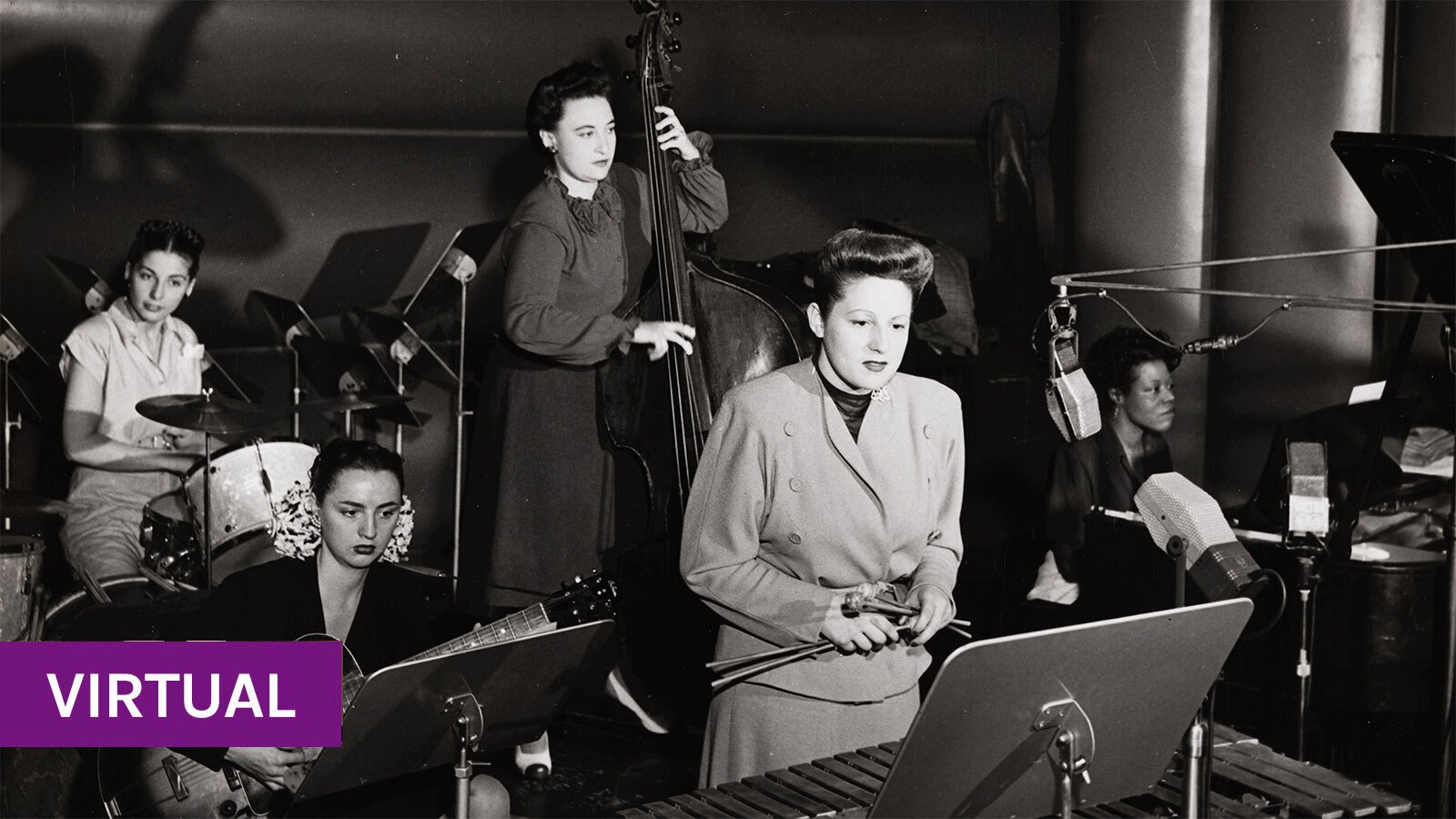 A black and white photo of women musicians in the 1950s in a recording studio